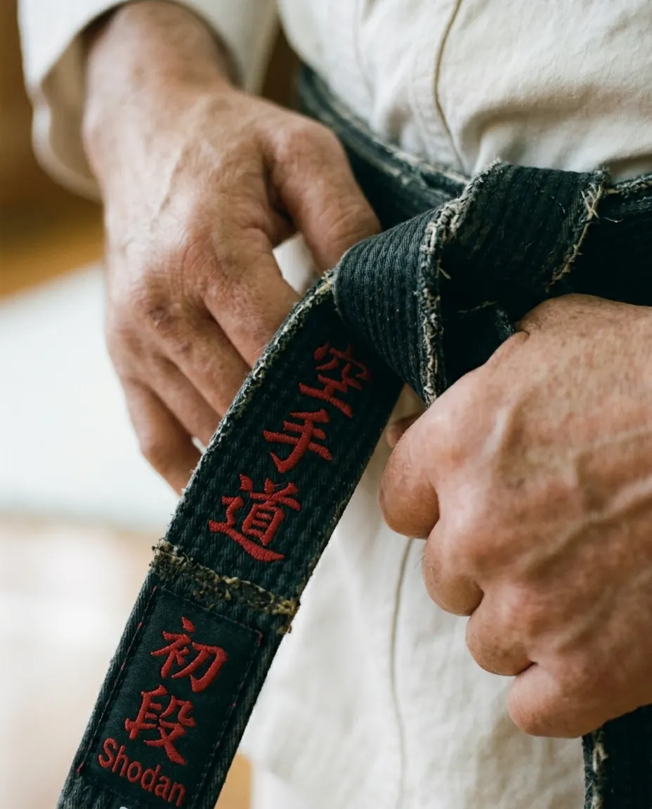 Traditional martial arts belt being tied — a moment from a class at Master Pius Martial Arts