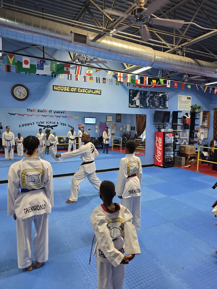 Teen students training together in a Taekwondo class under the House of Discipline banner